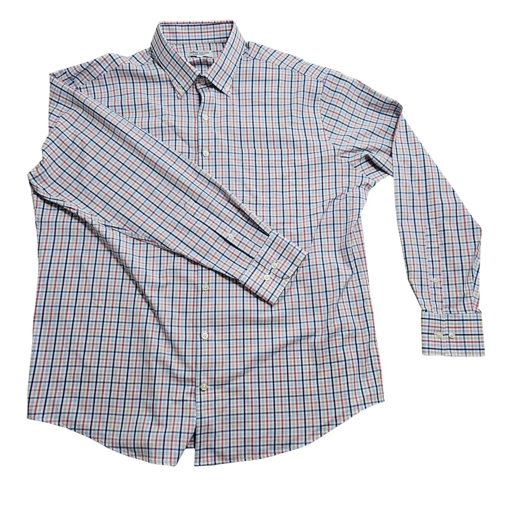 Peter Millar Summer Comfort Men XL White Blue Red Plaid Button Down MF20EW06BL